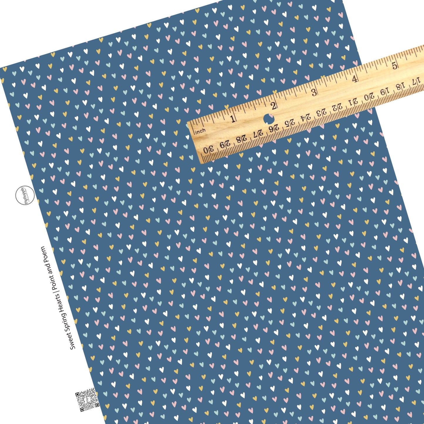These spring pattern themed faux leather sheets contain the following design elements: light pink, light blue, yellow, and cream hearts on dark blue. Our CPSIA compliant faux leather sheets or rolls can be used for all types of crafting projects.