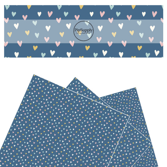 These spring pattern themed faux leather sheets contain the following design elements: light pink, light blue, yellow, and cream hearts on dark blue. Our CPSIA compliant faux leather sheets or rolls can be used for all types of crafting projects.