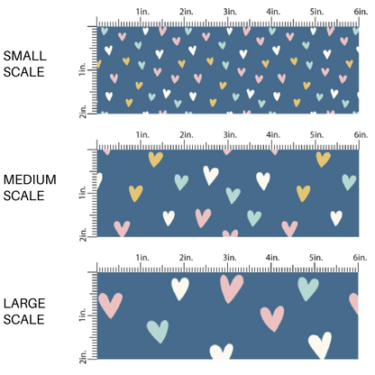 Pink, Yellow, and Light Blue Tiny Hearts on Blue Fabric by the Yard scaled image guide.