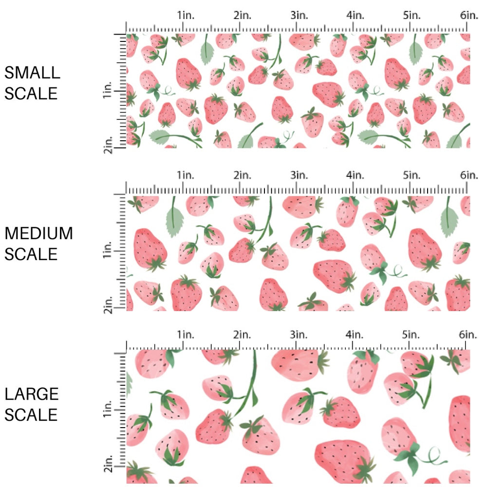 These fruit themed fabric by the yard features strawberries on white. This fun pattern fabric can be used for all your sewing and crafting needs!