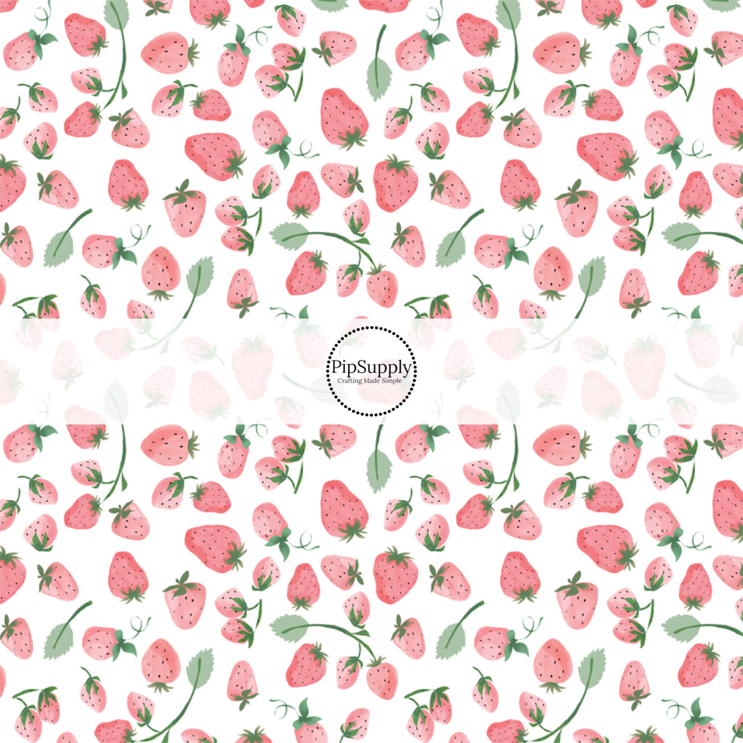 These fruit themed fabric by the yard features strawberries on white. This fun pattern fabric can be used for all your sewing and crafting needs!