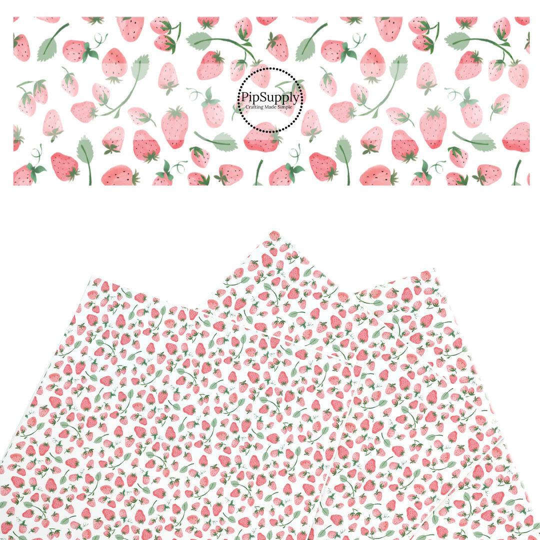 These fruit themed faux leather sheets contain the following design elements: strawberries on white. Our CPSIA compliant faux leather sheets or rolls can be used for all types of crafting projects.