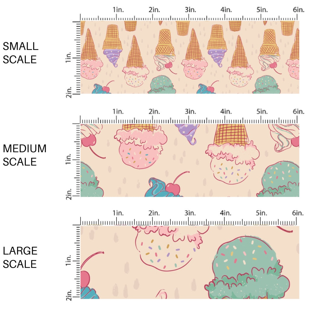 This scale chart of small scale, medium scale, and large scale of this summer fabric by the yard features ice cream treats on cream. This fun summer themed fabric can be used for all your sewing and crafting needs!
