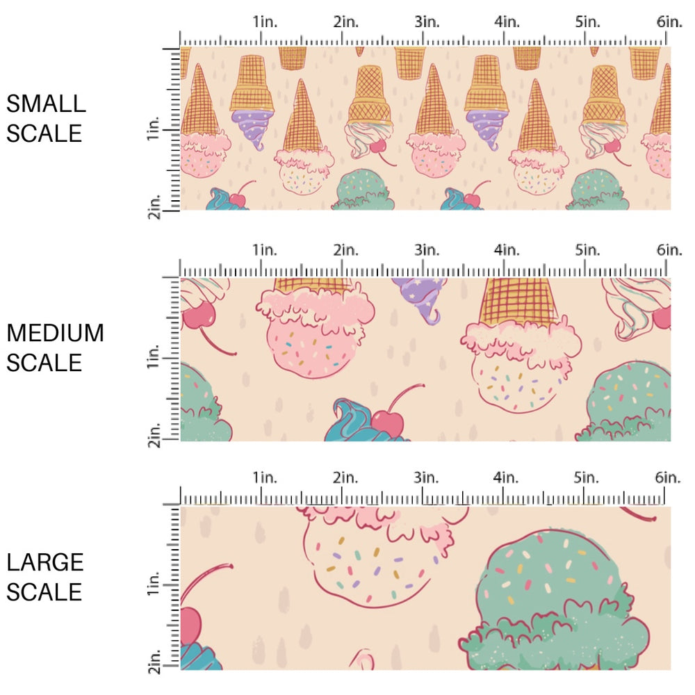 This scale chart of small scale, medium scale, and large scale of this summer fabric by the yard features ice cream treats on cream. This fun summer themed fabric can be used for all your sewing and crafting needs!