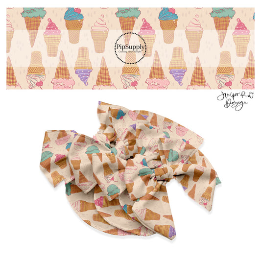 These summer dessert themed no sew bow strips can be easily tied and attached to a clip for a finished hair bow. These summer patterned bow strips are great for personal use or to sell. These bow strips feature ice cream treats on cream.
