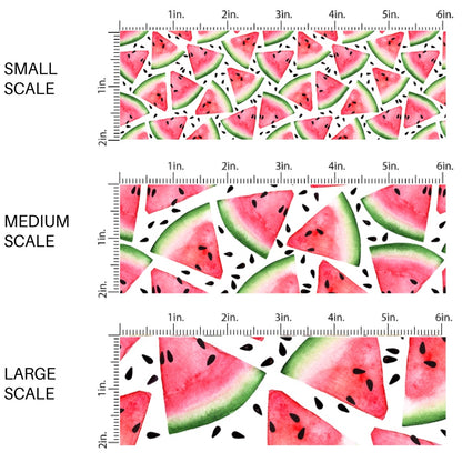 This scale chart of small scale, medium scale, and large scale of this fruit fabric by the yard features watermelon slices and watermelon seeds. This fun fruit fabric can be used for all your sewing and crafting needs.