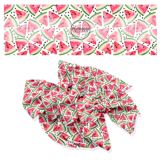 These fruit themed no sew bow strips can be easily tied and attached to a clip for a finished hair bow. These patterned bow strips are great for personal use or to sell. These bow strips feature watermelon slices and watermelon seeds.