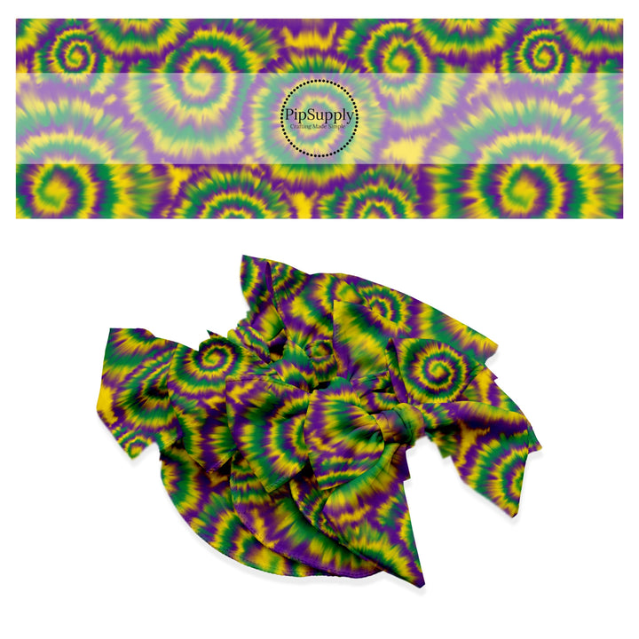 Purple, green, and yellow swirls hair bow strips