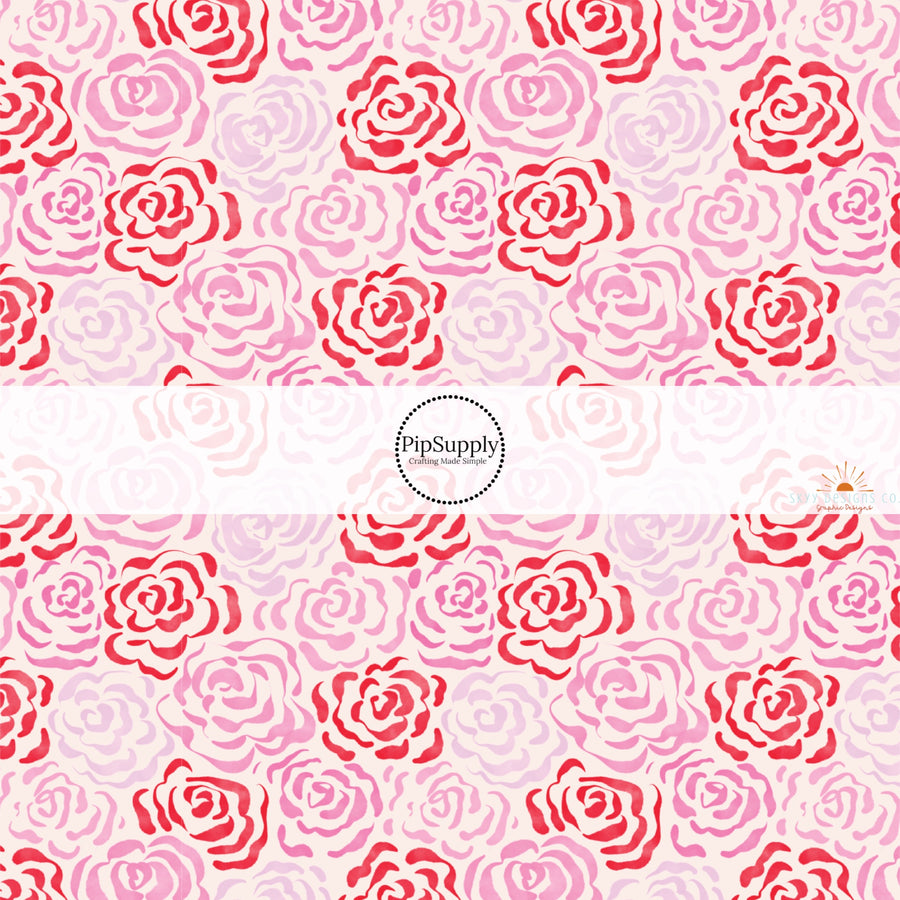 This holiday fabric by the yard features pink and red roses. This festive pattern fabric can be used for all your sewing and crafting needs!