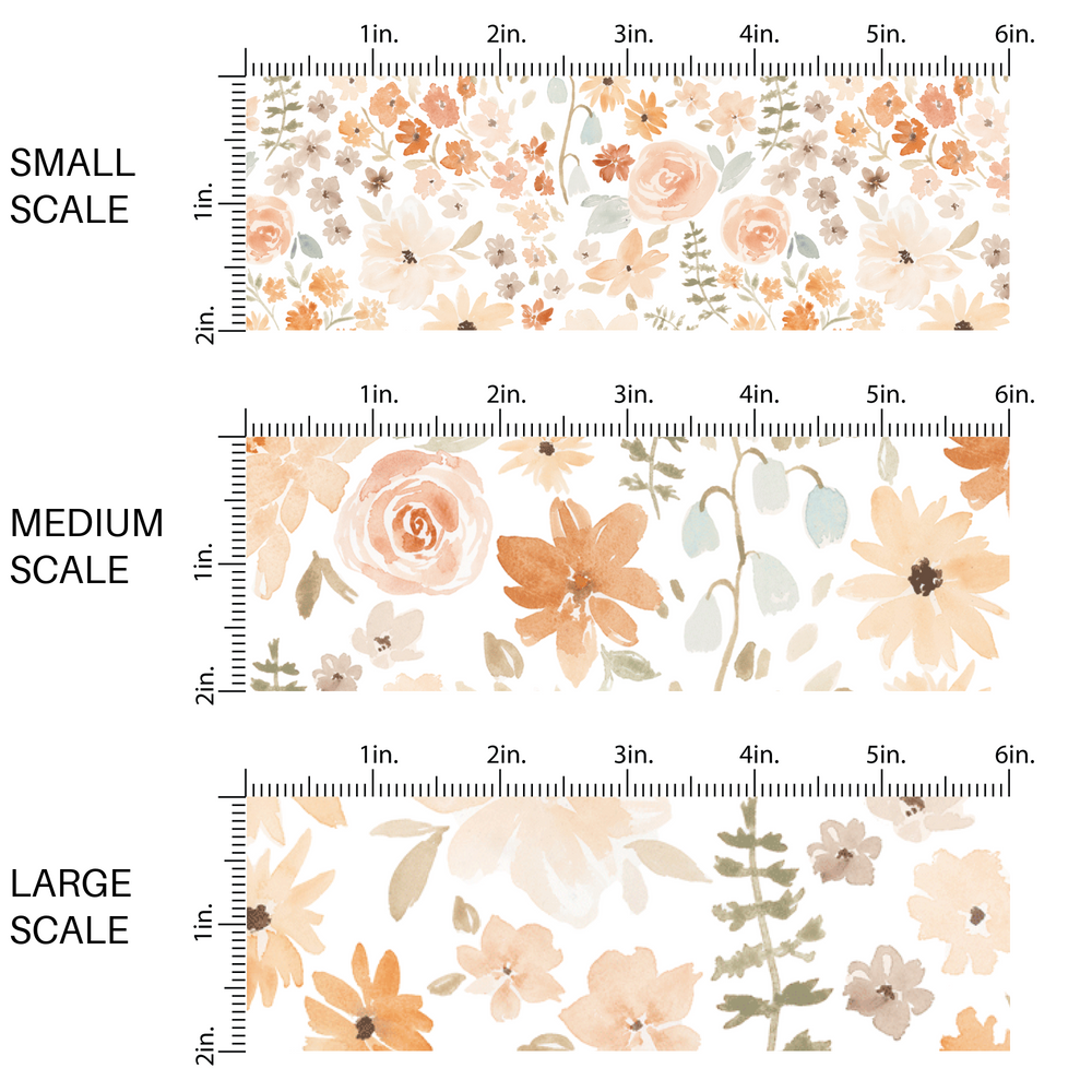 This scale chart of small scale, medium scale, and large scale of  these neutral watercolor flowers on white fabric by the yard features flowers in light pink, peach, light blue, olive, cream, and tan. 