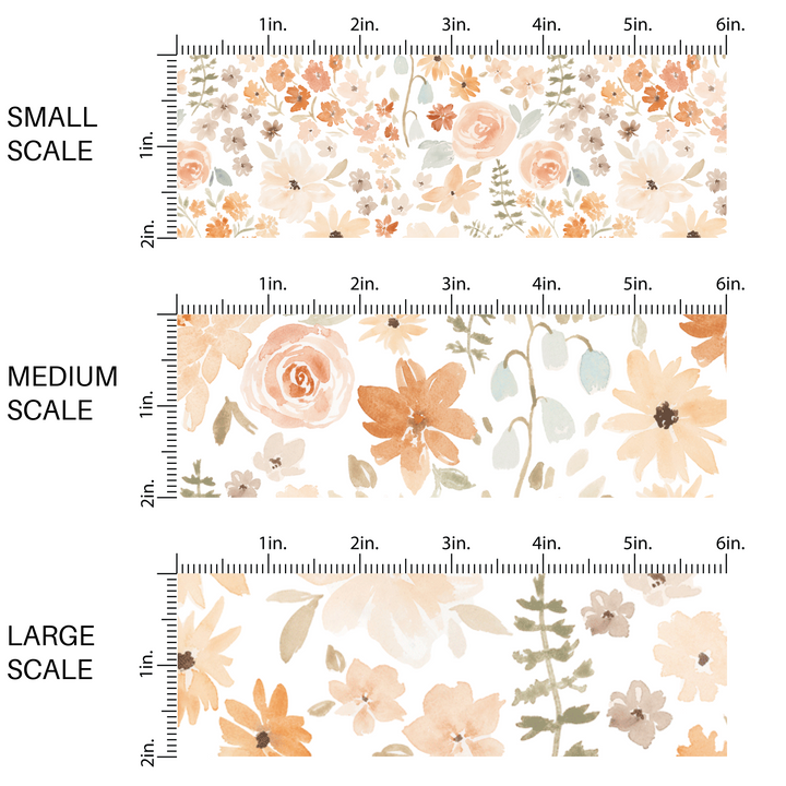 This scale chart of small scale, medium scale, and large scale of  these neutral watercolor flowers on white fabric by the yard features flowers in light pink, peach, light blue, olive, cream, and tan. 