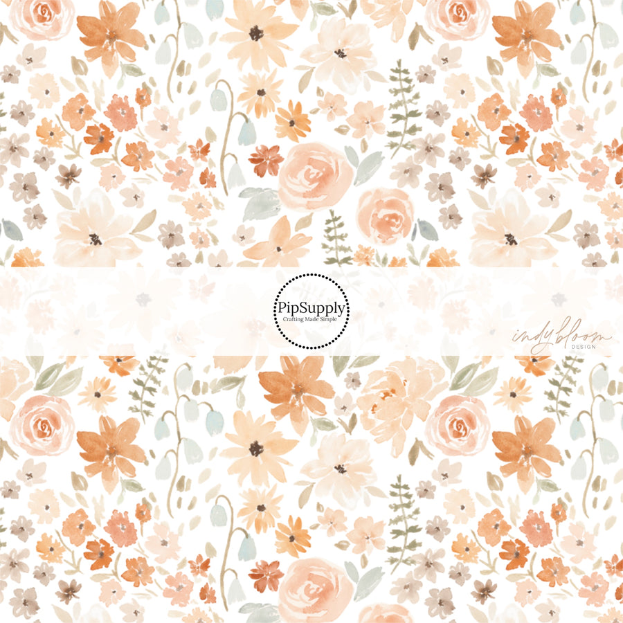 These neutral watercolor flowers on white fabric by the yard features flowers in light pink, peach, light blue, olive, cream, and tan. 