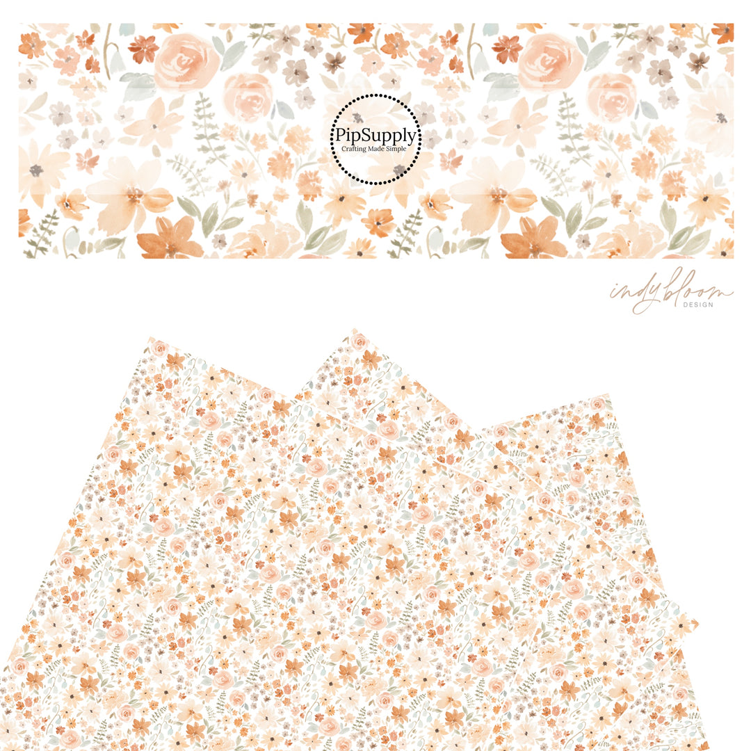 These neutral watercolor flowers on white faux leather sheets contain the following design elements: flowers in the colors of light pink, peach, light blue, olive, tan, and cream. 