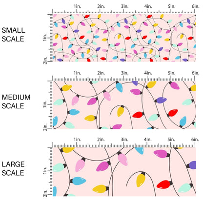 These Santa themed pattern fabric by the yard features the following design elements: colorful Christmas lights on pink. This fun themed fabric can be used for all your sewing and crafting needs!