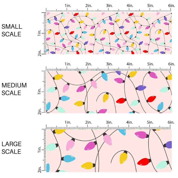 These Santa themed pattern fabric by the yard features the following design elements: colorful Christmas lights on pink. This fun themed fabric can be used for all your sewing and crafting needs!