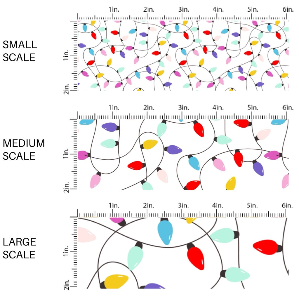 These Santa themed pattern fabric by the yard features the following design elements: colorful Christmas lights on white. This fun themed fabric can be used for all your sewing and crafting needs!