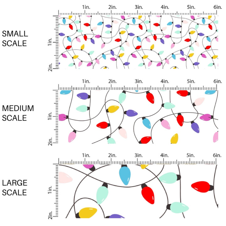 These Santa themed pattern fabric by the yard features the following design elements: colorful Christmas lights on white. This fun themed fabric can be used for all your sewing and crafting needs!