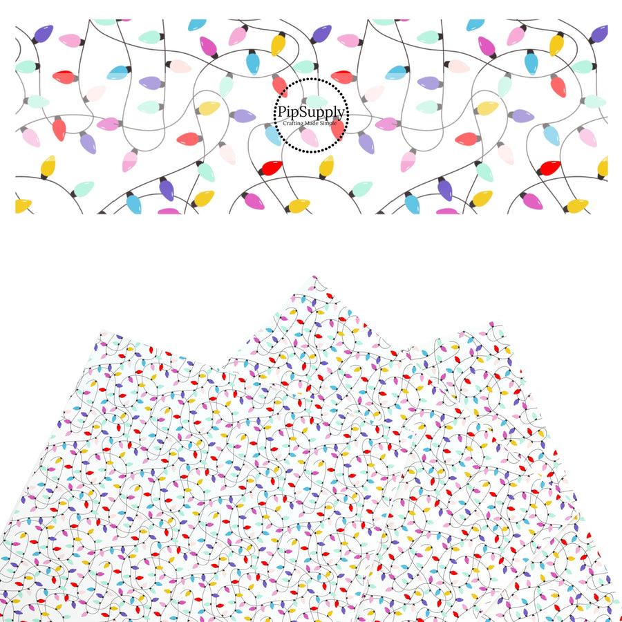 These Santa themed pattern faux leather sheets contain the following design elements: colorful Christmas lights on white. Our CPSIA compliant faux leather sheets or rolls can be used for all types of crafting projects.