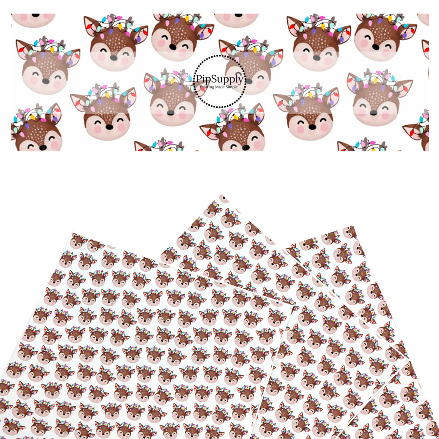 These winter themed pattern faux leather sheets contain the following design elements: reindeer on white. Our CPSIA compliant faux leather sheets or rolls can be used for all types of crafting projects.