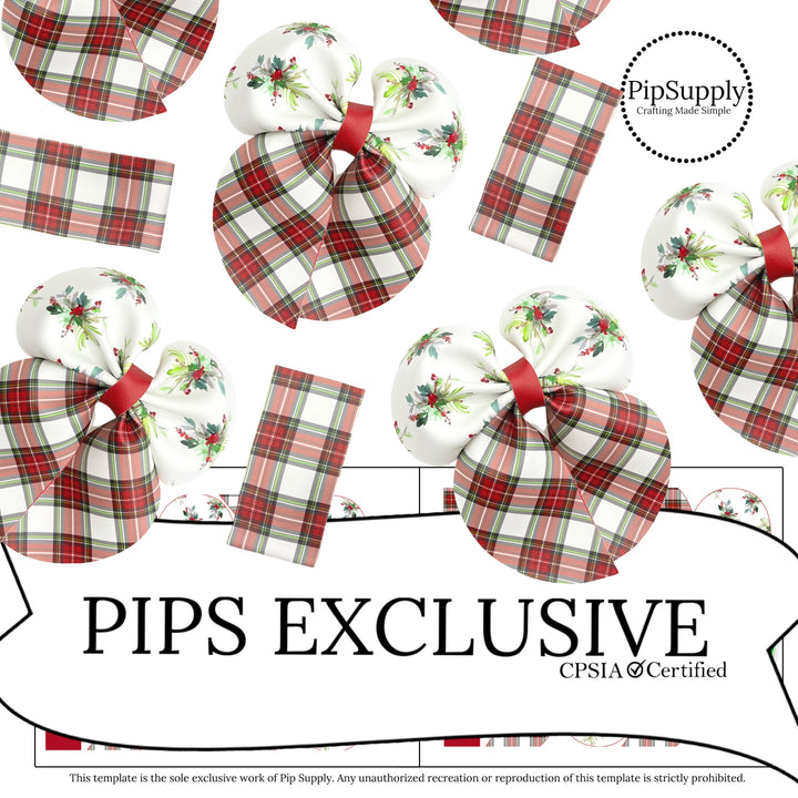 Red gingham with holly on white faux leather hair bows