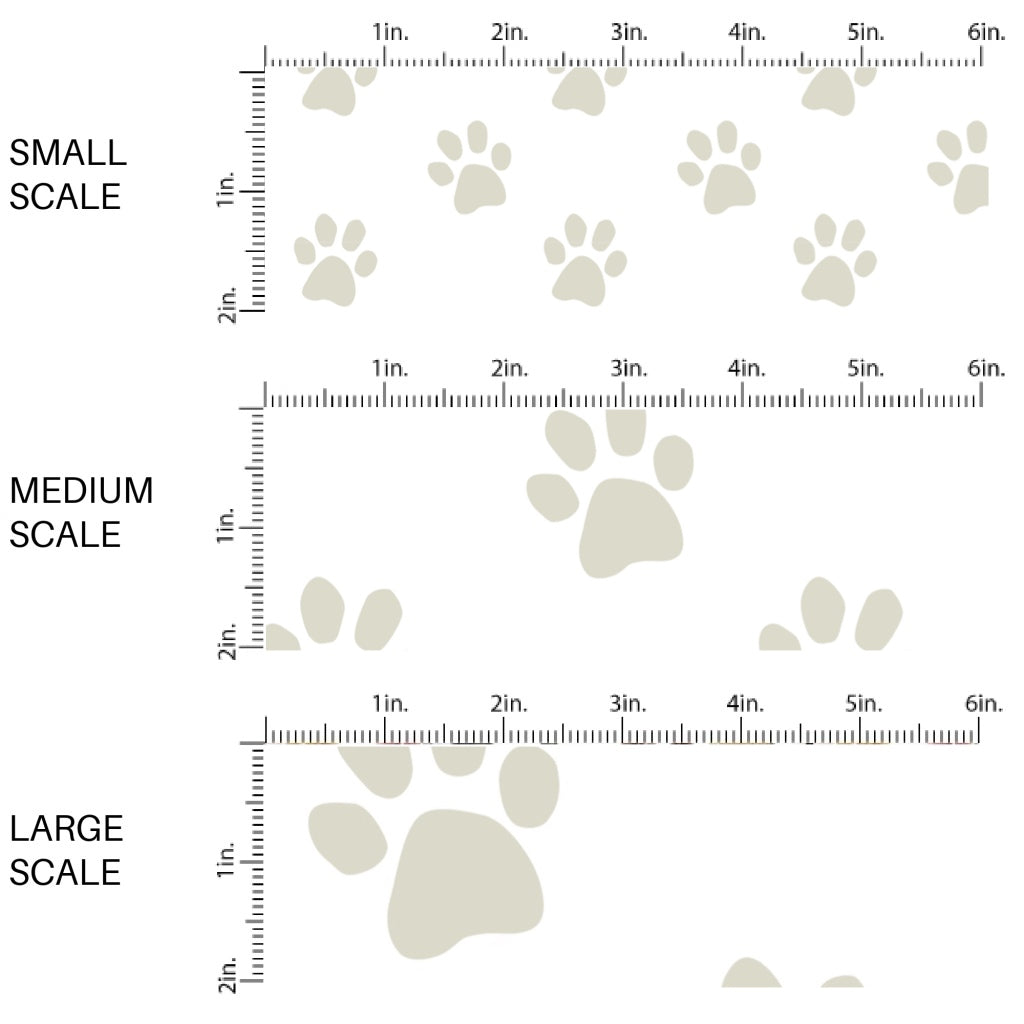 This scale chart of small scale, medium scale, and large scale of these Halloween themed pattern fabric by the yard features the following design elements: taupe cat paw prints. This fun spooky themed fabric can be used for all your sewing and crafting needs!