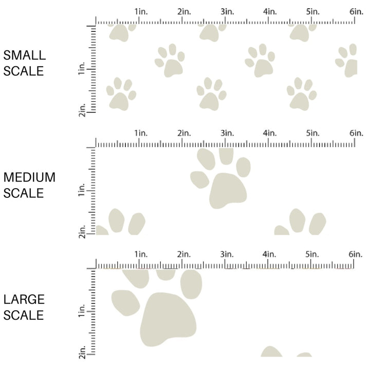 This scale chart of small scale, medium scale, and large scale of these Halloween themed pattern fabric by the yard features the following design elements: taupe cat paw prints. This fun spooky themed fabric can be used for all your sewing and crafting needs!