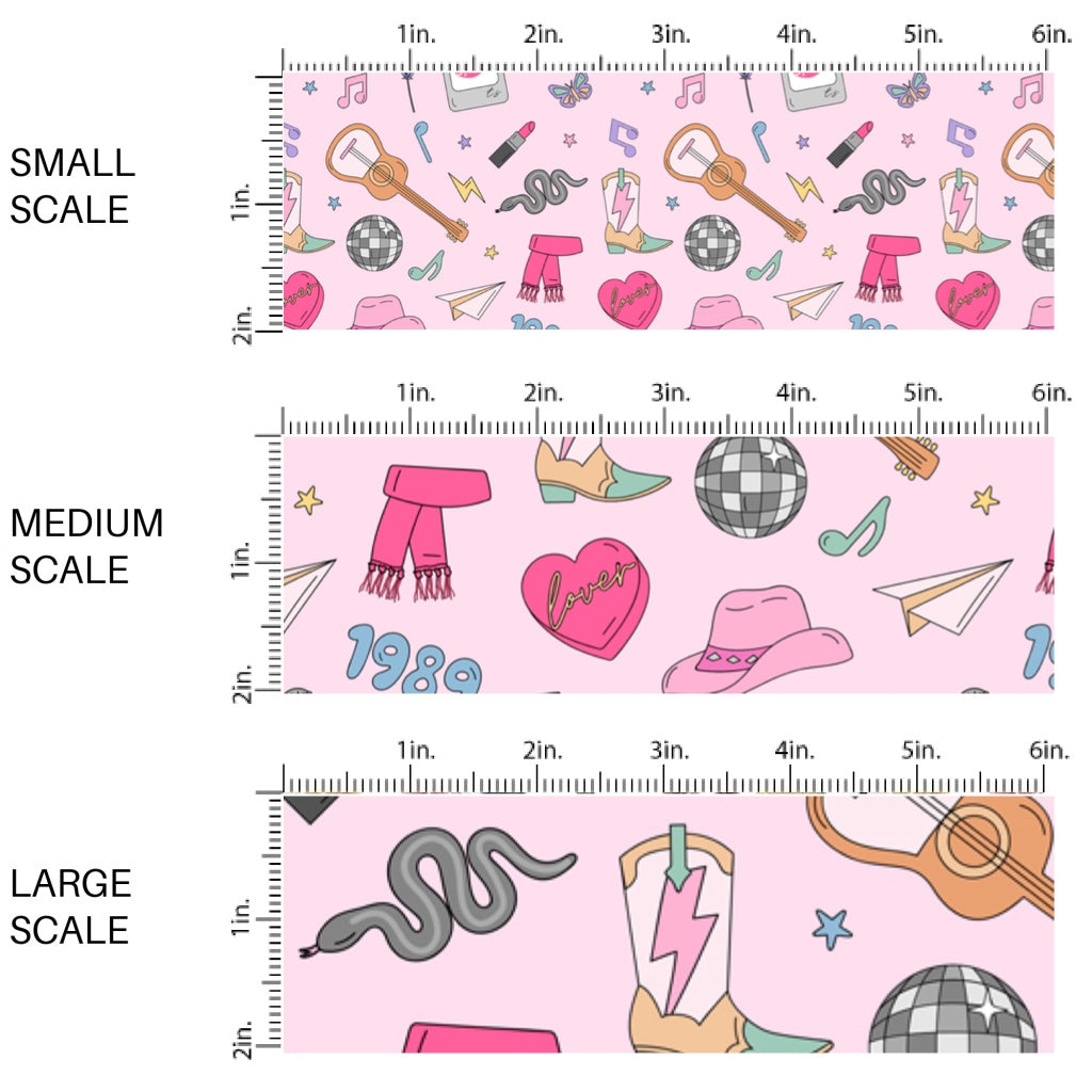 This scale chart of small scale, medium scale, and large scale of this Taylor inspired fabric by the yard features eras tour concert inspired pattern on pink. This fun themed fabric can be used for all your sewing and crafting needs