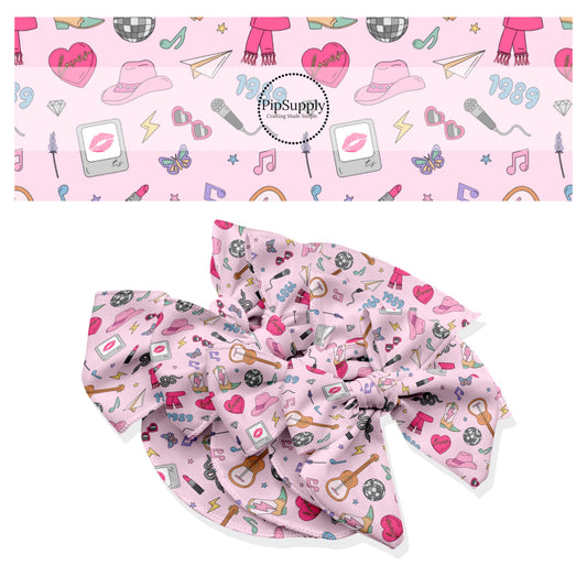 These Taylor inspired themed no sew bow strips can be easily tied and attached to a clip for a finished hair bow. These concert themed patterned bow strips are great for personal use or to sell. These bow strips feature eras tour concert inspired pattern on pink.