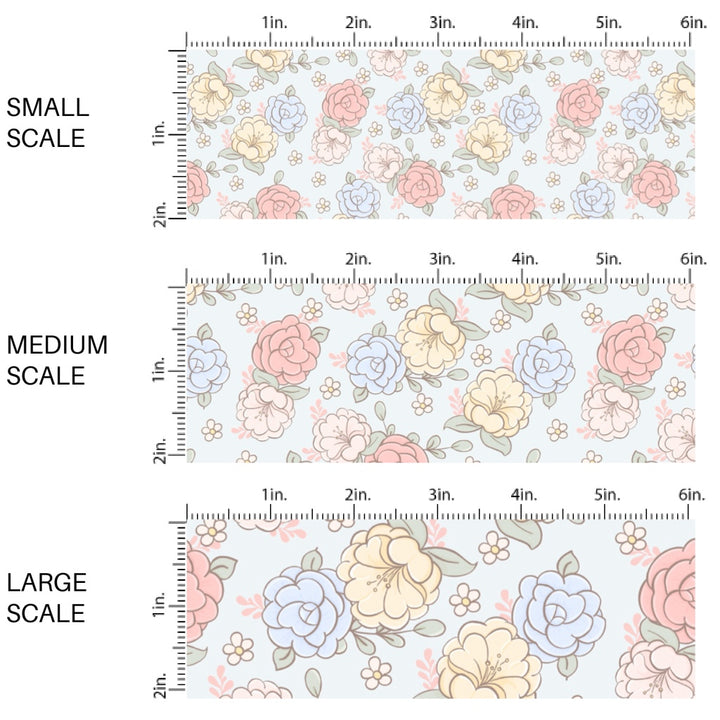 This spring floral fabric by the yard features pastel flowers on light blue. This seasonal pattern fabric can be used for all your sewing and crafting needs!