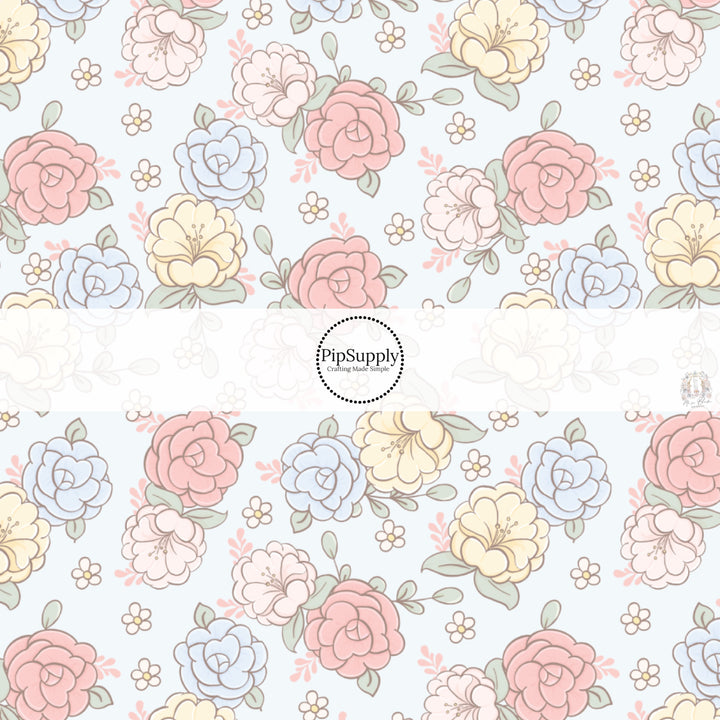 This spring floral fabric by the yard features pastel flowers on light blue. This seasonal pattern fabric can be used for all your sewing and crafting needs!