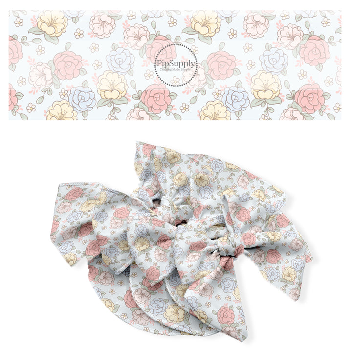 These spring floral no sew bow strips can be easily tied and attached to a clip for a finished hair bow. These fun bow strips are great for personal use or to sell. These bow strips feature the following design elements: pastel flowers on light blue.