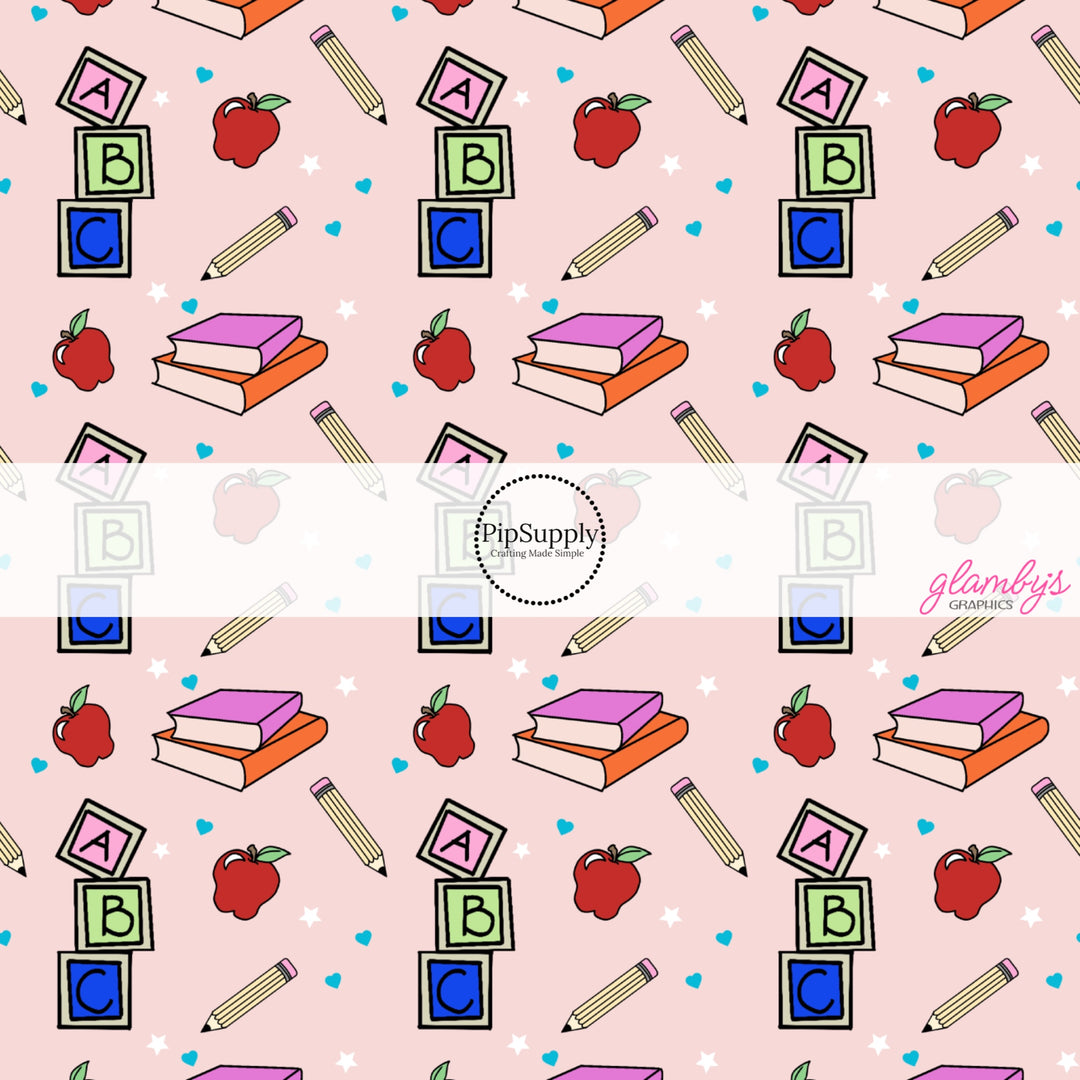 These teacher themed fabric by the yard features books, pencils, and school supplies. These pattern fabric can be used for all your sewing and crafting needs!