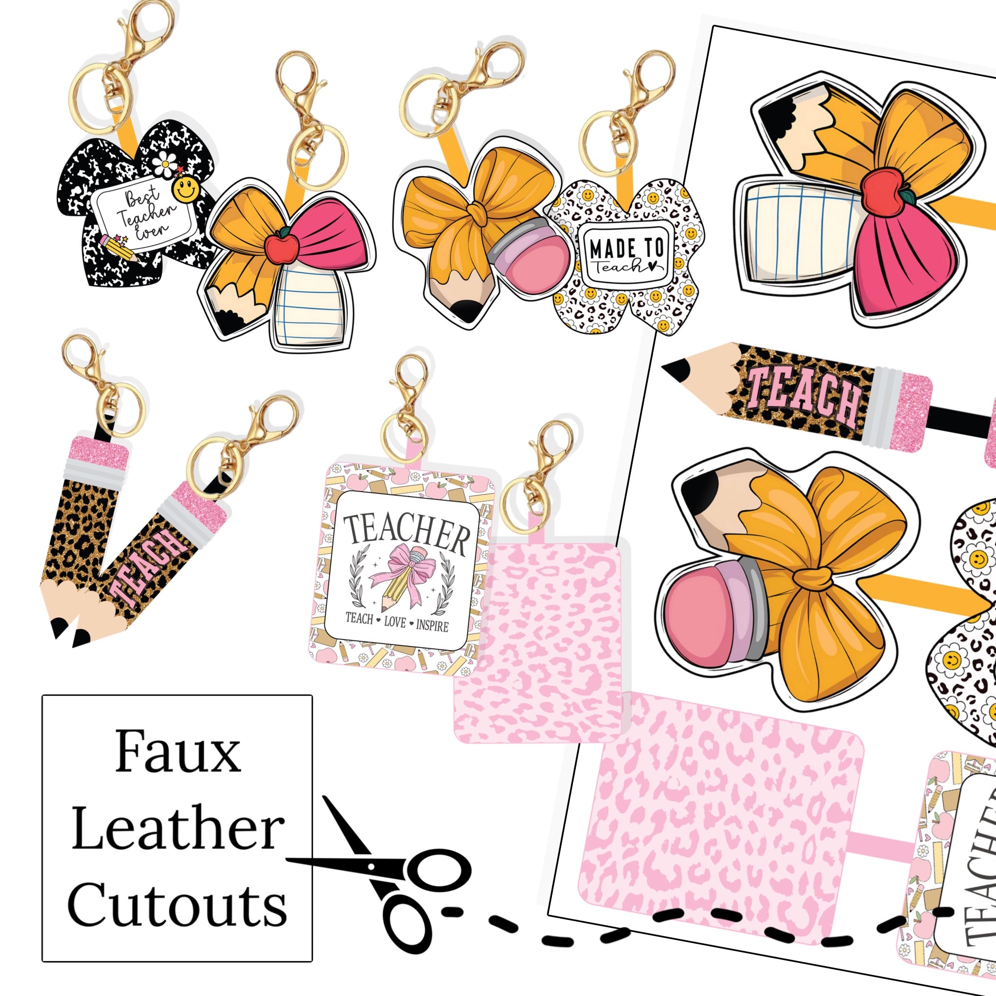 Teacher Themed Faux Leather Fold Over Keychains Cutouts - Teacher ...