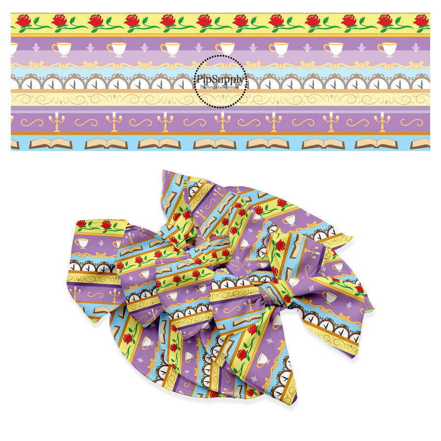 Books, tea cups, candle stick, and flowers on stripes hair bow strips