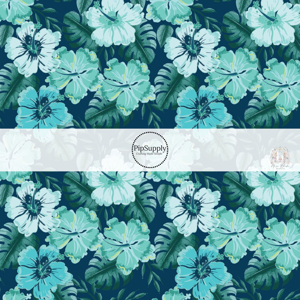 Light blue and aqua tropical flowers and palms on dark navy hair bow strips. 