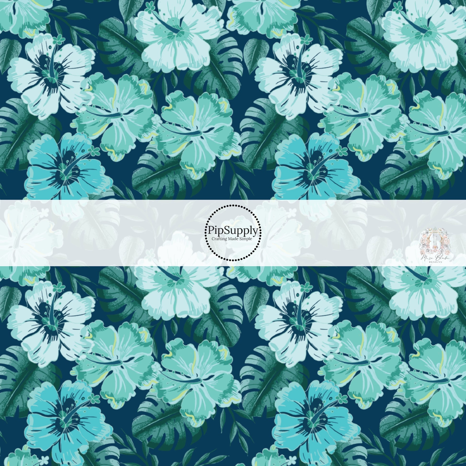 Light blue and aqua tropical flowers and palms on dark navy hair bow strips. 
