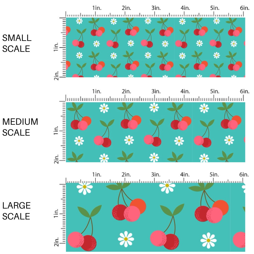 These fruit fabric by the yard features cherries surrounded by tiny flowers on teal. This fun pattern fabric can be used for all your sewing and crafting needs!