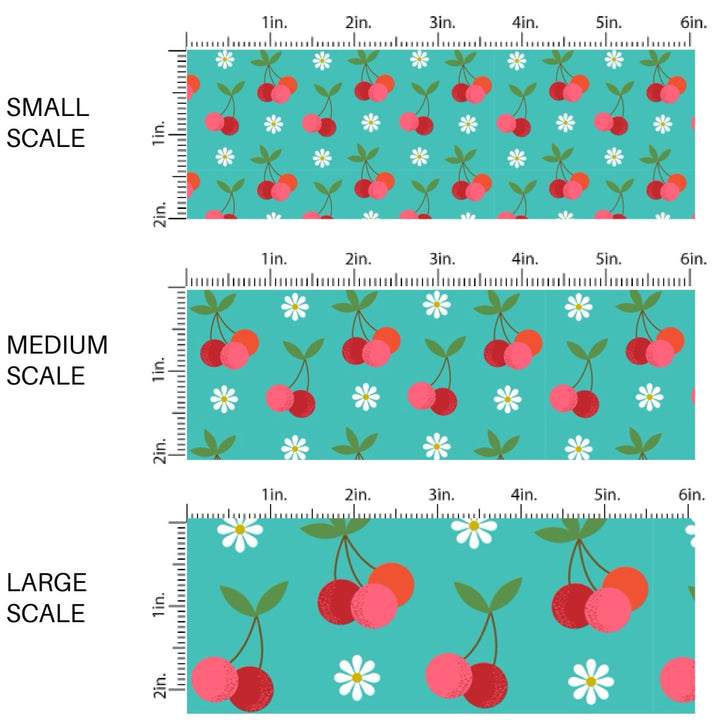 These fruit fabric by the yard features cherries surrounded by tiny flowers on teal. This fun pattern fabric can be used for all your sewing and crafting needs!