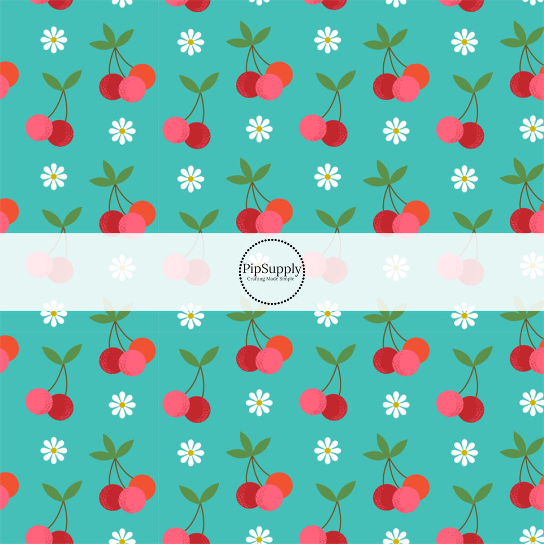 These fruit fabric by the yard features cherries surrounded by tiny flowers on teal. This fun pattern fabric can be used for all your sewing and crafting needs!