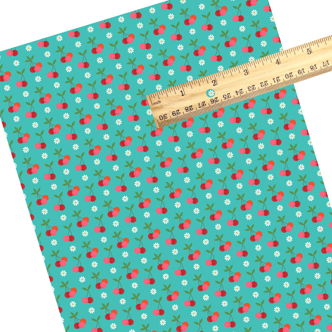 These fruit themed faux leather sheets contain the following design elements: cherries surrounded by tiny flowers on teal. Our CPSIA compliant faux leather sheets or rolls can be used for all types of crafting projects.