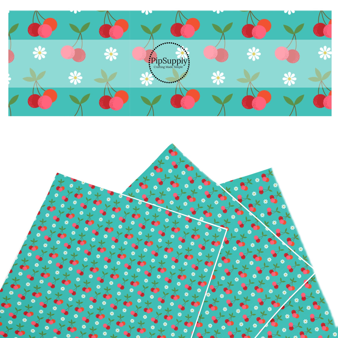 These fruit themed faux leather sheets contain the following design elements: cherries surrounded by tiny flowers on teal. Our CPSIA compliant faux leather sheets or rolls can be used for all types of crafting projects.