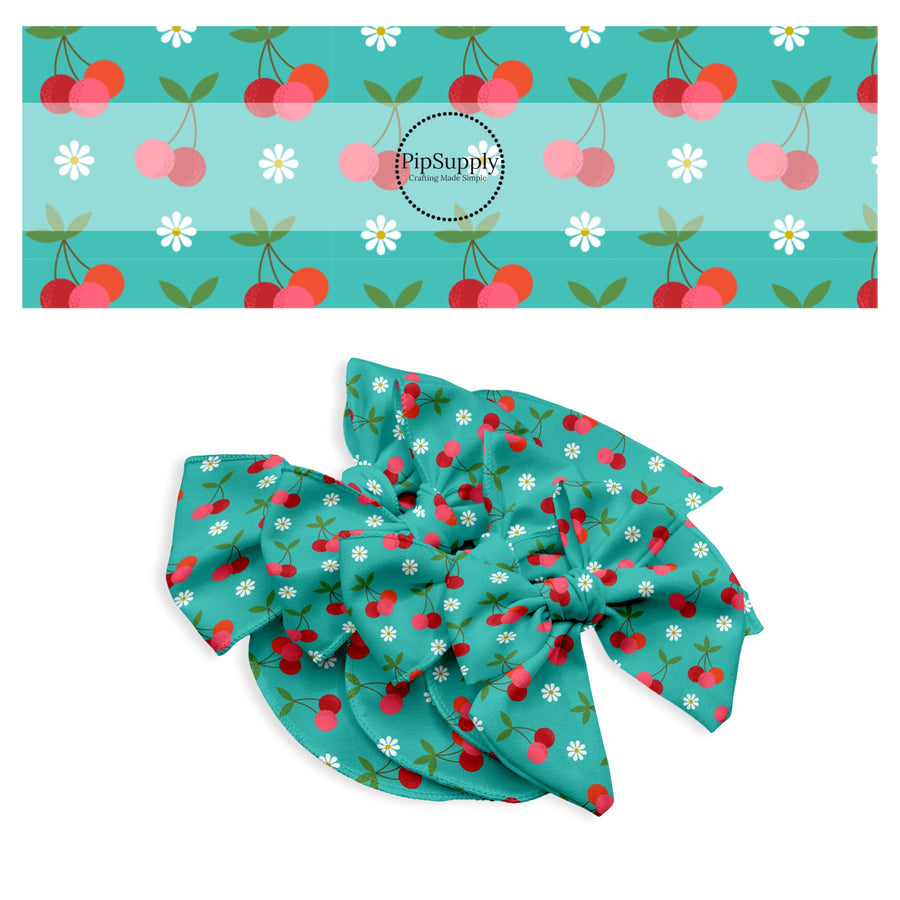 These fruit themed no sew bow strips can be easily tied and attached to a clip for a finished hair bow. These bow strips are great for personal use or to sell. These bow strips feature the following design elements: cherries surrounded by tiny flowers on teal.