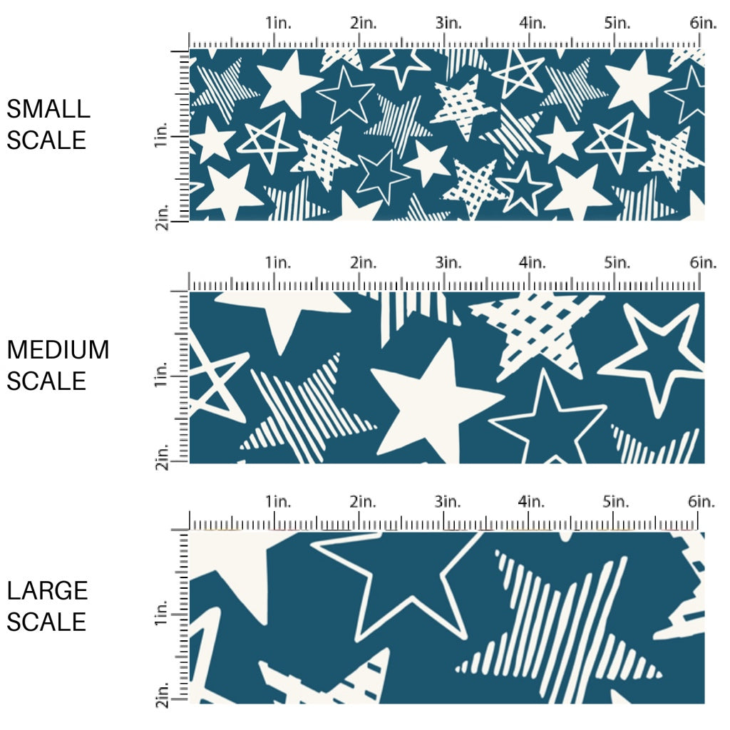 This scale chart of small scale, medium scale, and large scale of this 4th of July fabric by the yard features patriotic white patterned stars on blue. This fun patriotic themed fabric can be used for all your sewing and crafting needs!