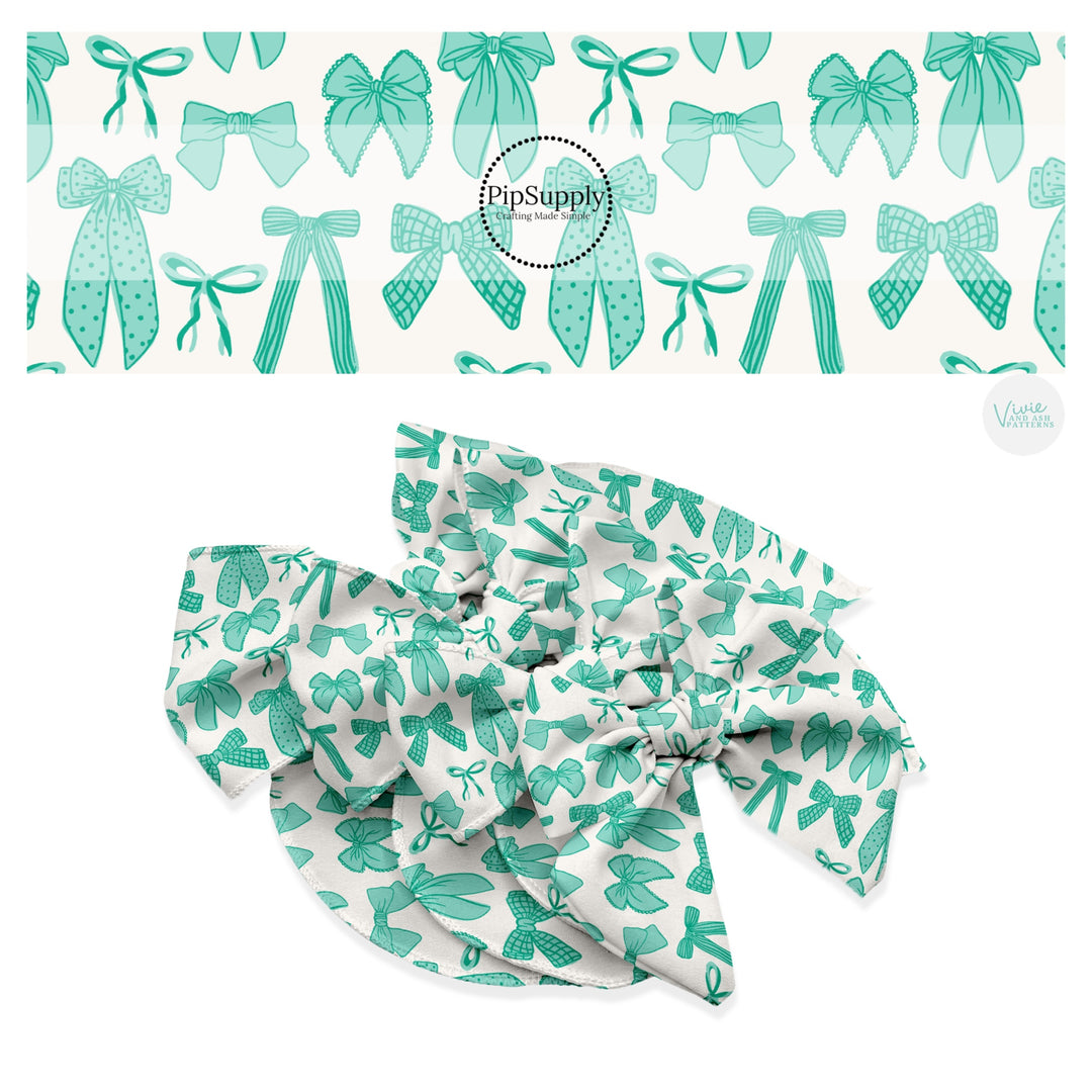 These spring bows themed no sew bow strips can be easily tied and attached to a clip for a finished hair bow. These patterned bow strips are great for personal use or to sell. These bow strips features teal multi ribbon bows.