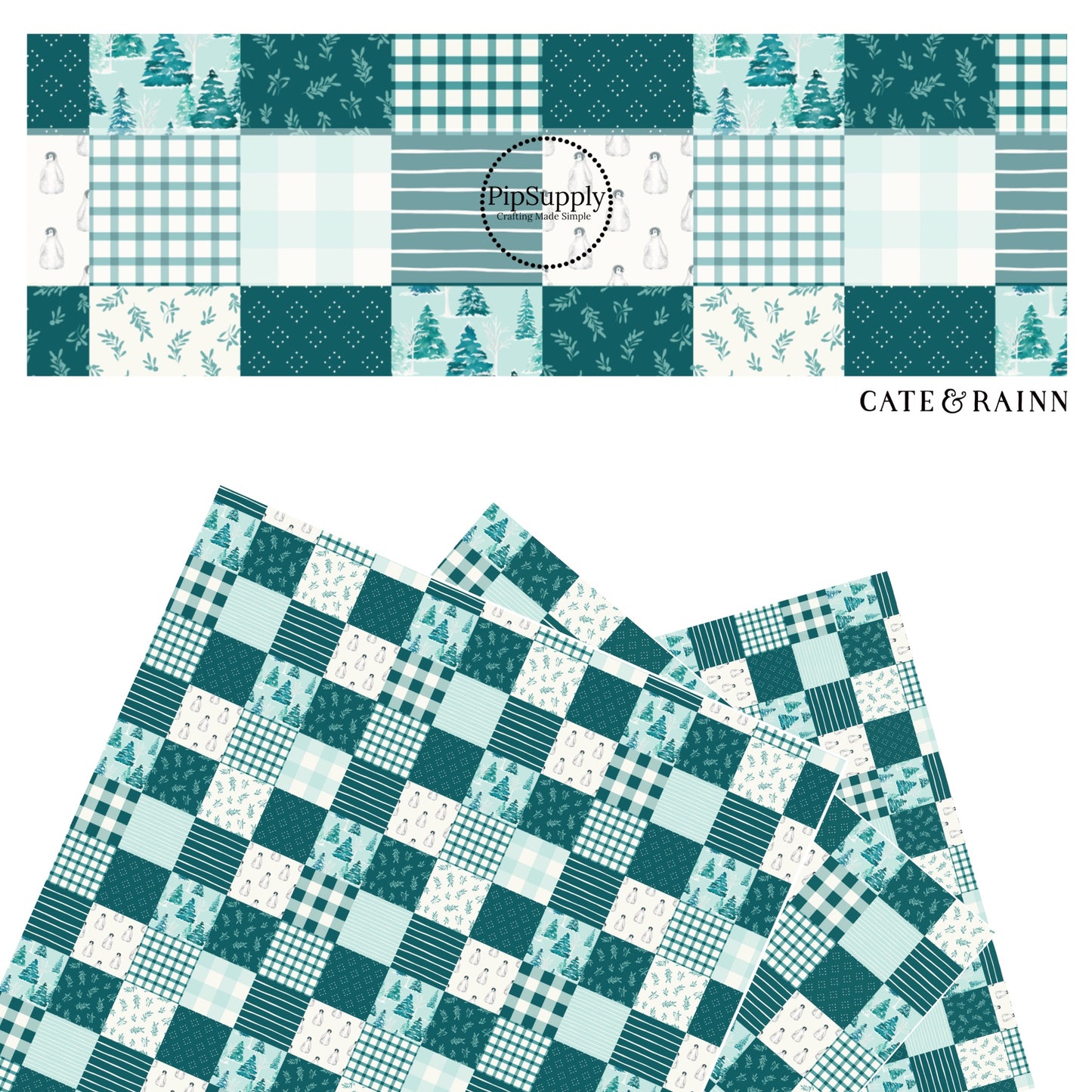 Quilted squares with plaid, stripes, dots, holly, and animals on teal faux leather sheets