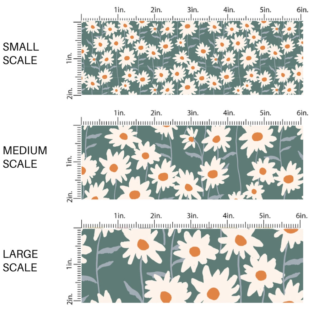 This scale chart of small scale, medium scale, and large scale of this summer fabric by the yard features cream daisy flowers on teal. This fun summer themed fabric can be used for all your sewing and crafting needs!