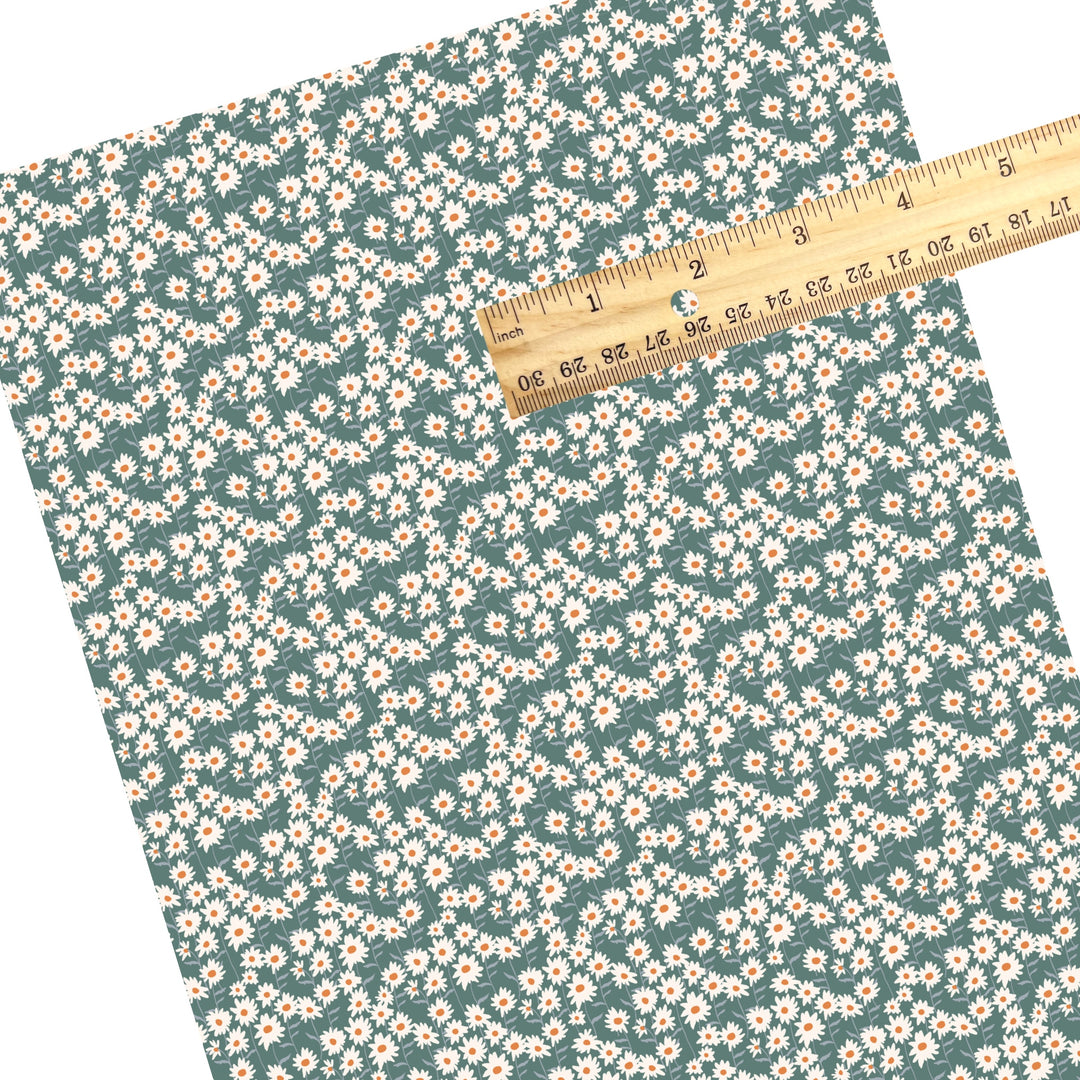 These summer faux leather sheets contain the following design elements: cream daisy flowers on teal. Our CPSIA compliant faux leather sheets or rolls can be used for all types of crafting projects.