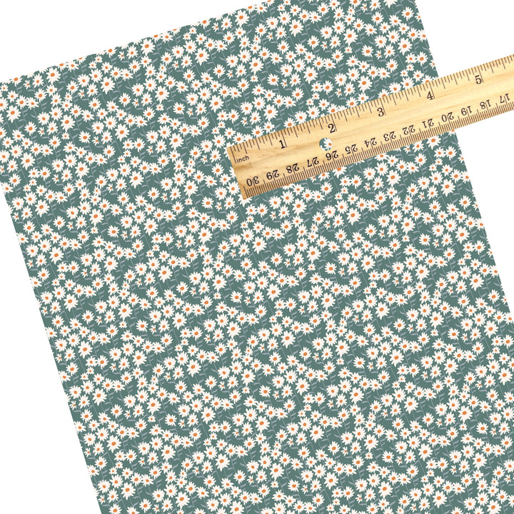 These summer faux leather sheets contain the following design elements: cream daisy flowers on teal. Our CPSIA compliant faux leather sheets or rolls can be used for all types of crafting projects.