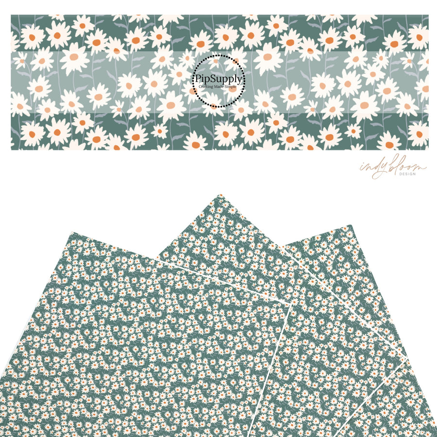 These summer faux leather sheets contain the following design elements: cream daisy flowers on teal. Our CPSIA compliant faux leather sheets or rolls can be used for all types of crafting projects.