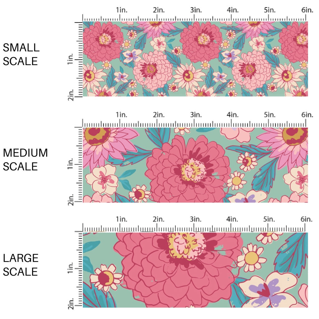 This scale chart of small scale, medium scale, and large scale of this summer fabric by the yard features pink flowers on teal. This fun summer themed fabric can be used for all your sewing and crafting needs!